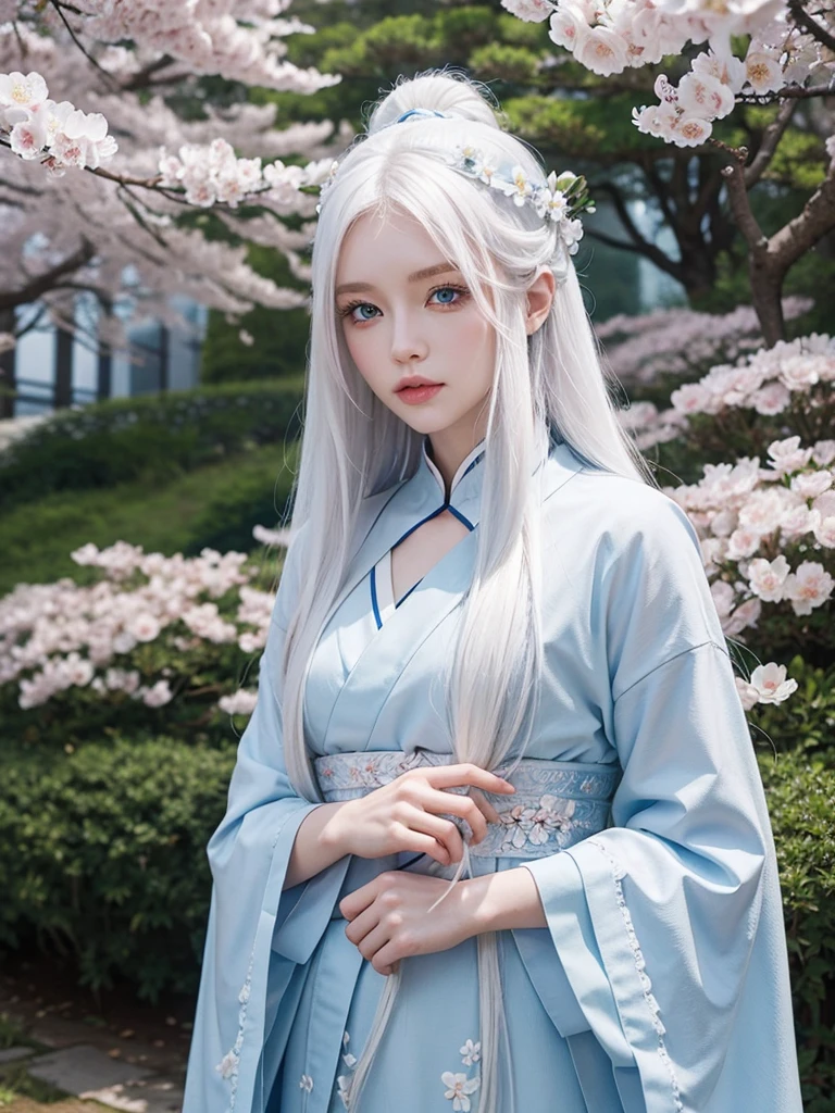 Long white hair, blue eyes, serious features, white skin, loose style, in a garden, with flowers , in the forest ,in the Sakura Korea ,Korean Palace