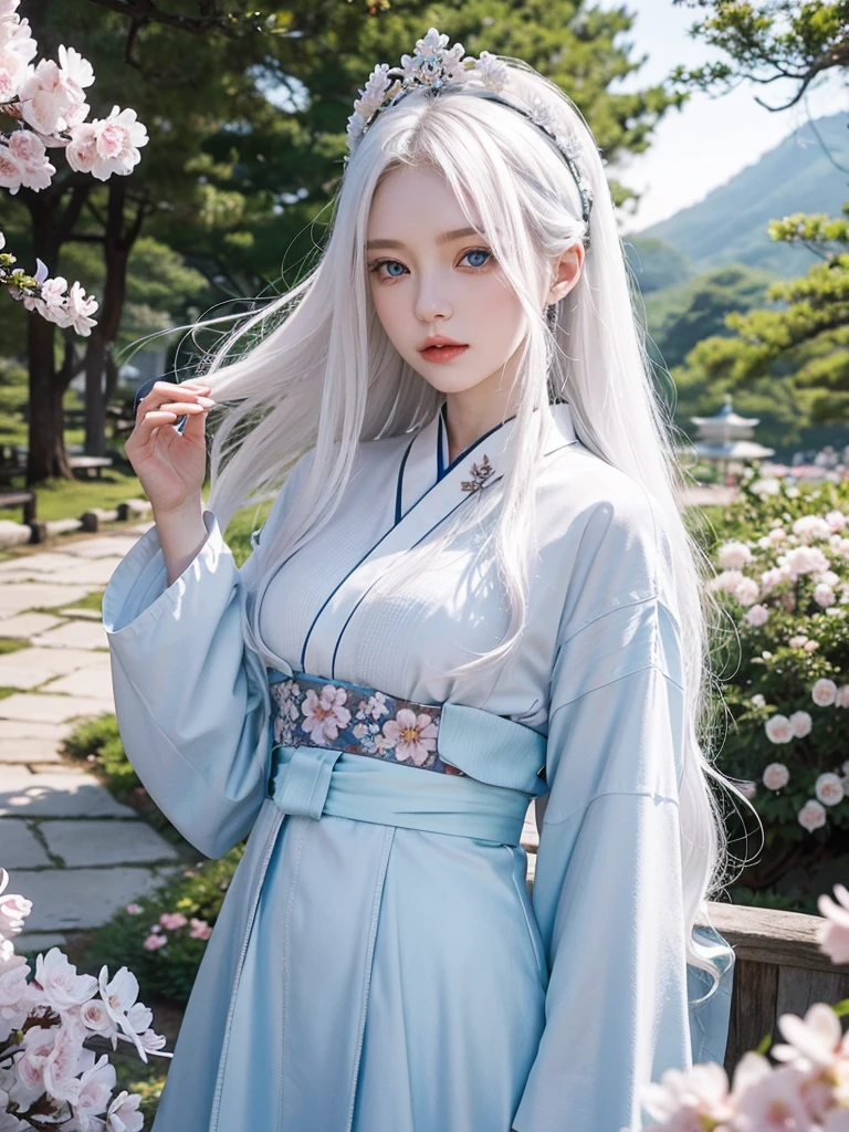 Long white hair, blue eyes, serious features, white skin, loose style, in a garden, with flowers , in the forest ,in the Sakura Korea ,Korean Palace 