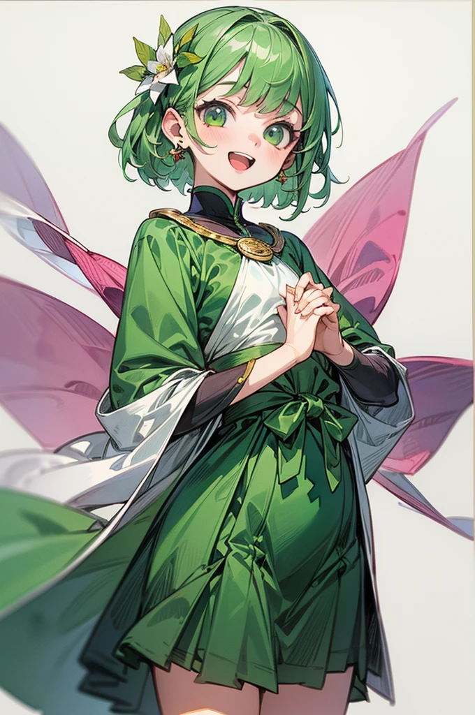 1girl, solo, looking at viewer, cowboy shot, standing, loli, smile, short hair, open mouth, bangs, hair ornament, (white background), jewelry, green eyes, flat chest, flower, earrings, (lime green hair), sideburns, particles, hair flower, druid, knee length skirt, (Kurta), white cape, Cornus florida, (masterpiece), (best quality), (ultra-detailed), (illustration:1.2), (watercolor_painting:1.0), (highly detailed background:1.2), (thick outline), (perfect hands:1.4, two legs), composite lighting, professional shading, high quality textures, perfectly structured, natural proportions, extremely detailed beautiful anime face, 