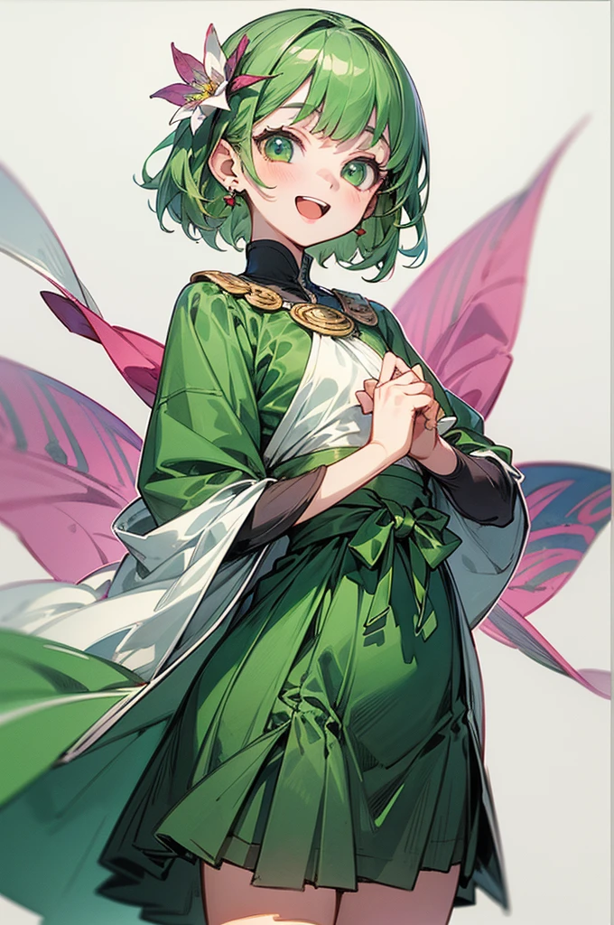 1girl, solo, looking at viewer, cowboy shot, standing, , smile, short hair, open mouth, bangs, hair ornament, (white background), jewelry, green eyes, flat chest, flower, earrings, (lime green hair), sideburns, particles, hair flower, druid, knee length skirt, (Kurta), white cape, Cornus florida, (masterpiece), (best quality), (ultra-detailed), (illustration:1.2), (watercolor_painting:1.0), (highly detailed background:1.2), (thick outline), (perfect hands:1.4, two legs), composite lighting, professional shading, high quality textures, perfectly structured, natural proportions, extremely detailed beautiful anime face,