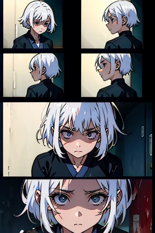 Girl with short white hair small and really skinny, feeling extremely sick, detailed illness, coughing blood, fainting , throwing up, bloody, manga page with panels and dialogue    