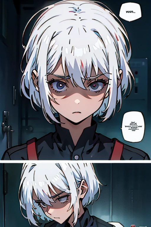 Girl with short white hair small and really skinny, feeling extremely sick, detailed illness, coughing blood, fainting , throwing up, bloody, manga page with panels and dialogue    