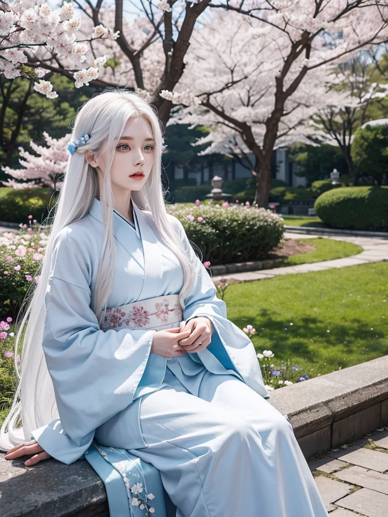 Long white hair, blue eyes, serious features, white skin, loose style, in a garden, with flowers , in the forest ,in the Sakura Korea ,Korean Palace