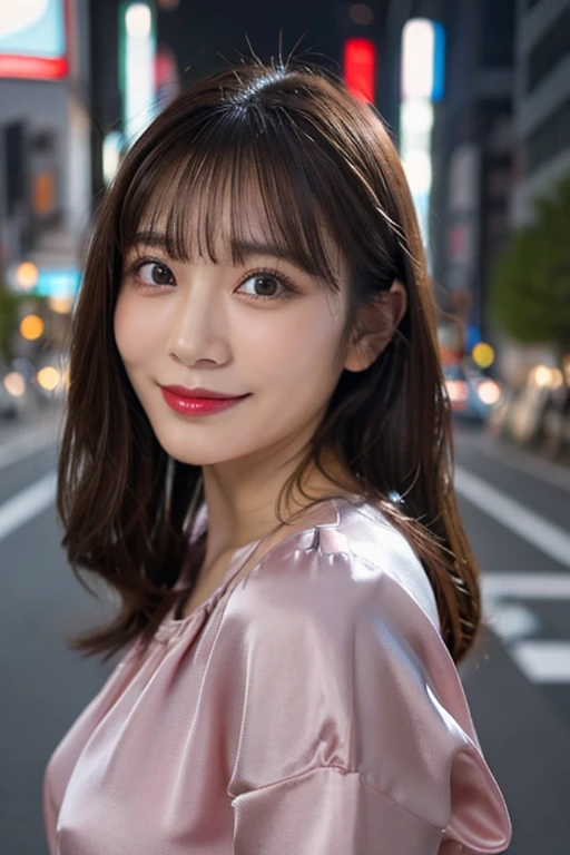 1 Female、Ultra detailed face、Detailed lips、Detailed eyes、double eyelid、smile、Colorful Silk Blouse、Big ample breasts、Upper body、Close-up、Ginza Street in Tokyo、evening、Cityscape、Depth of written boundary、8K、Raw photo、Highest quality、masterpiece、Realistic、Photorealistic、