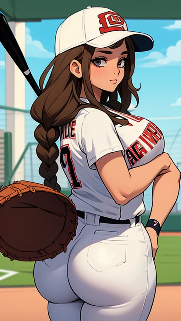 Baseball player,White uniform, baseball cap, brown braids hair, curvy
