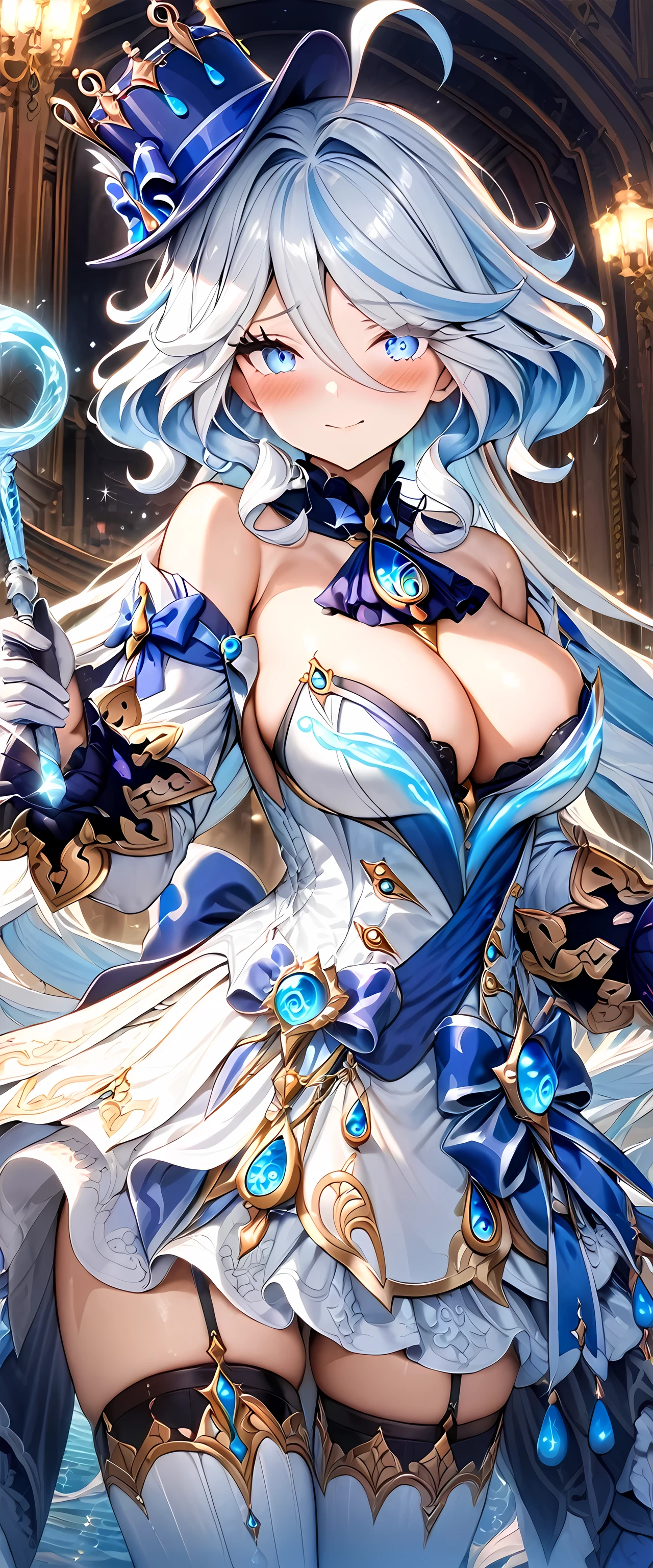 (masterpiece), best quality, expressive eyes, perfect face,1girl,furina,genshin impact,opera hall,stage,confetti,bubbles in the air,(water magic wand),holding,holding wand,shy smile,blush,cowboy shot,glowing eyes,big breasts,cleavage,long hair,strapless,bare shoulder,magical girl,frilled dress,frilled layered skirt,thighhigh stockings,studio lighting,(sparkle:0.9),(glitter:0.9)