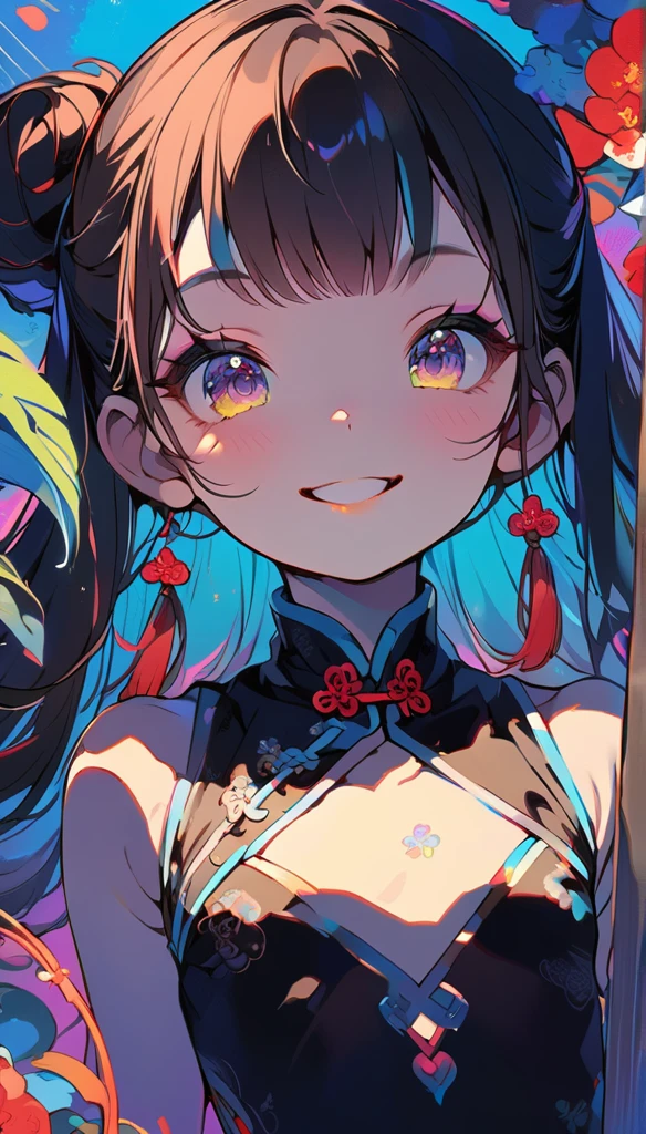 Illumination, 1 girl, kawaii, smile, slender body, (flat chest:1.3), sparkling, Chinese dress, vivid color, upper body, extremely detailed, huge filesize, the best quality,