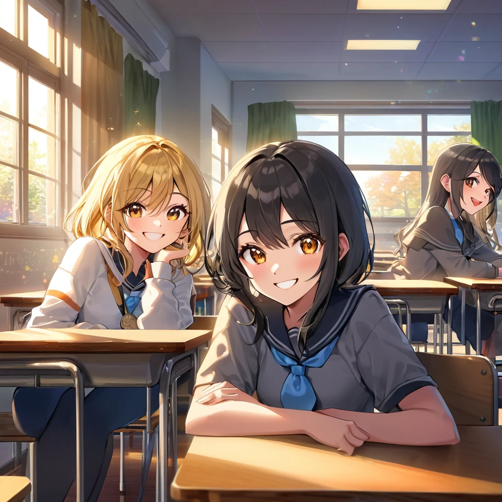 (award winning, 8k, super detailed, high resolution, best quality) , game illustration, (two girls), girl on the left with blonde hair and smirk expression, girl on the right with black hair and (timid expression), (sitting side by side at desk), ((beautiful girls)), classroom, light from the window.