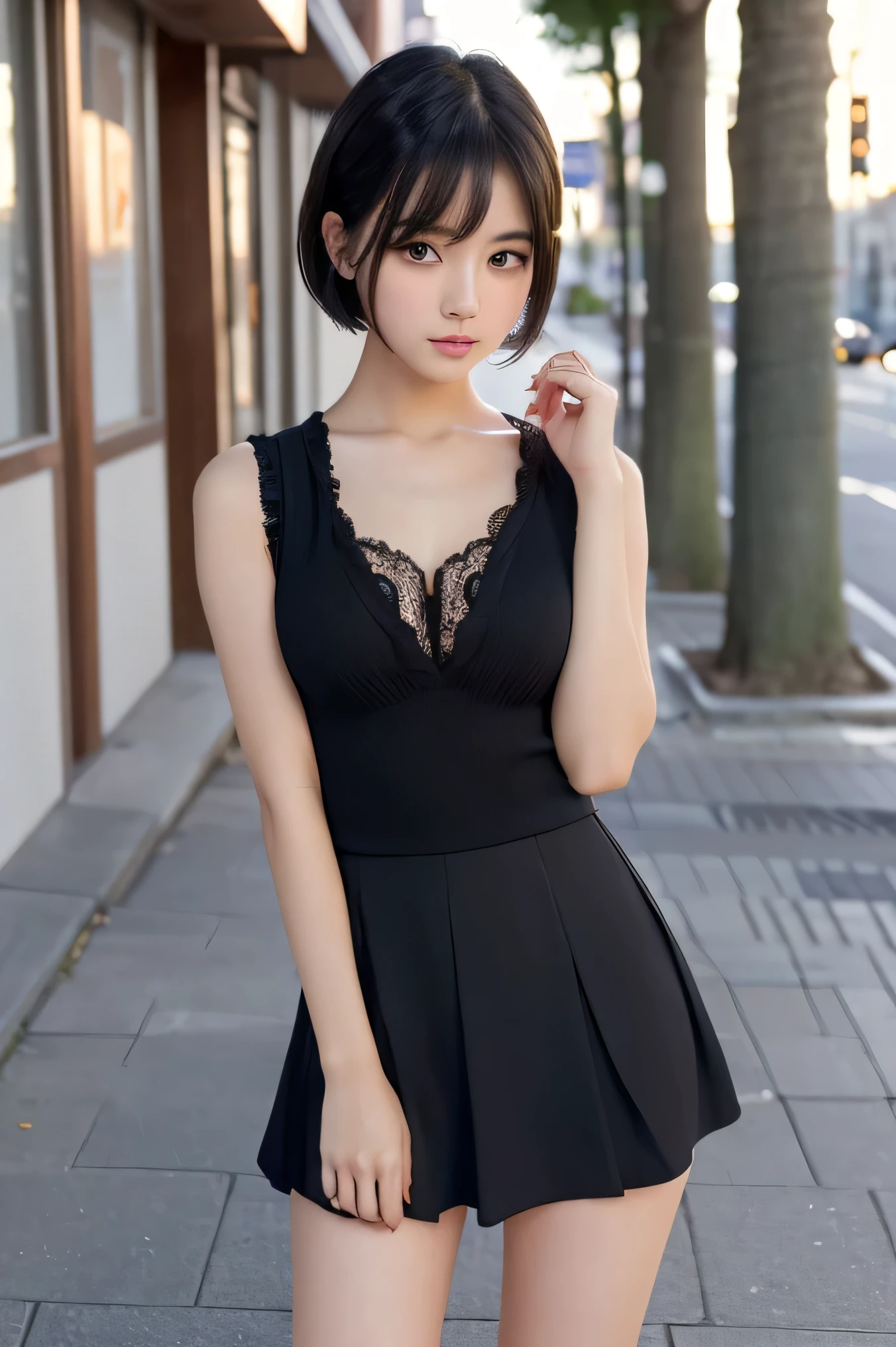 (((8K,High detail,High Detail、masterpiece,Attention to detail,Whole Body Ezbian,solo))),RAW Photos & Realistic atmosphere,Beautiful dark brown eyes,Mouth details,Glossy Lips,Fine eyebrows,With soft white skin that shines in every detail、Realistic eyes down to the last detail、Dark brown eyes,Very beautiful eyes and pupils,Detailed lips、Very beautiful face,Very well-formed face、A vivid face,Beautiful, shining lips, photo realistic, realistic young gravure idol, Very beautiful school girl, , Young Sensual Gravure Idol, Young and slim gravure idol, Beautiful and cute, ((Japanese))、Cute Korean idol style,Black Hair,(Black camisole),mini skirt、(((midnight、Night in the city、Standing on the sidewalk:1.4))),(spread legs wide:1.4),(girl's pussy),She is holding the front hem of her skirt up with her right hand、(She is holding up the front of her skirt with her right hand:1.4)、Lower body without underwear,(no under hair),(Spreading her legs),(15years old),(girl),solo,short cut hair,(looking at viewer),flat chest,Narrow waist,Wearing loafers,full body,bottomless
