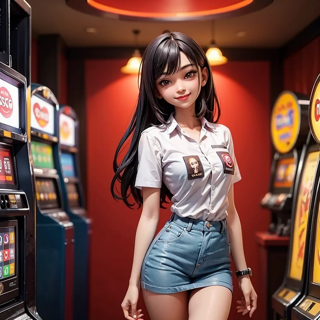 happy and smile, indonesian girl wearing high , teasing you, waiting customer play, work as casino customer service, standing in between slot machine, red casino background, have tittle in shirt write "COBLOS4D"