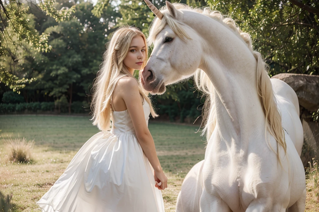 beautiful slender girl stands next to a unicorn, Beautiful gentle face, blonde hair, White dress, high quality, Professional photography