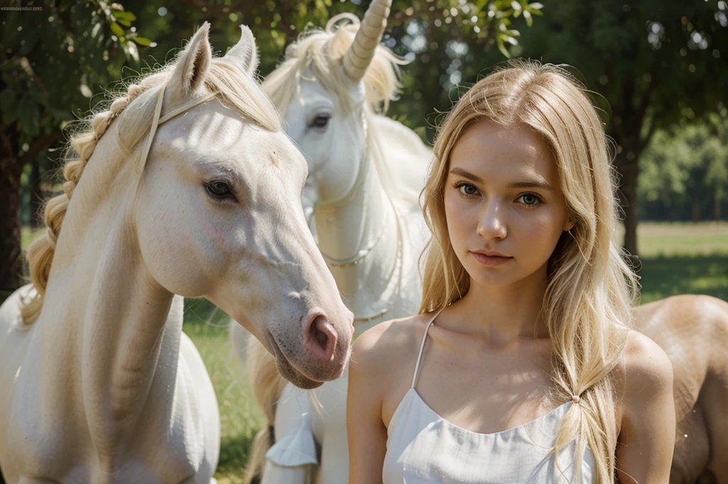 beautiful slender girl stands next to a unicorn, Beautiful gentle face, blonde hair, White dress, high quality, Professional photography