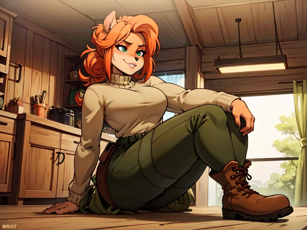 (best quality,4k,8k,highres,masterpiece:1.2),ultra-detailed,realistic:1.37,portrait, anthro bandicoot girl redhead, braided hair, beautiful green eyes, sexy ,seductive, warm sweater, camouflage pants, army boots, smirking, cozy lighting, vibrant colors ,girl anthro , sweater, camouflage pants, army boots, put on boots ,hants to boots tie