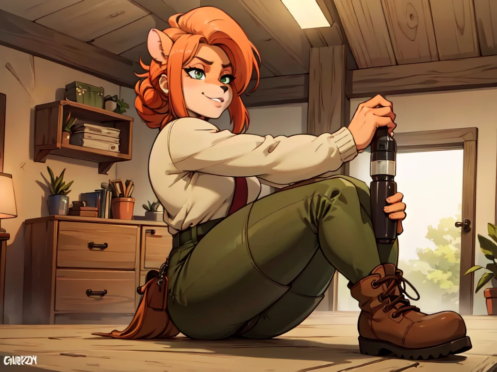 (best quality,4k,8k,highres,masterpiece:1.2),ultra-detailed,realistic:1.37,portrait, anthro bandicoot girl redhead, braided hair, beautiful green eyes, sexy ,seductive, warm sweater, camouflage pants, army boots, smirking, cozy lighting, vibrant colors ,girl anthro , sweater, camouflage pants, army boots, put on boots ,hants to boots tie