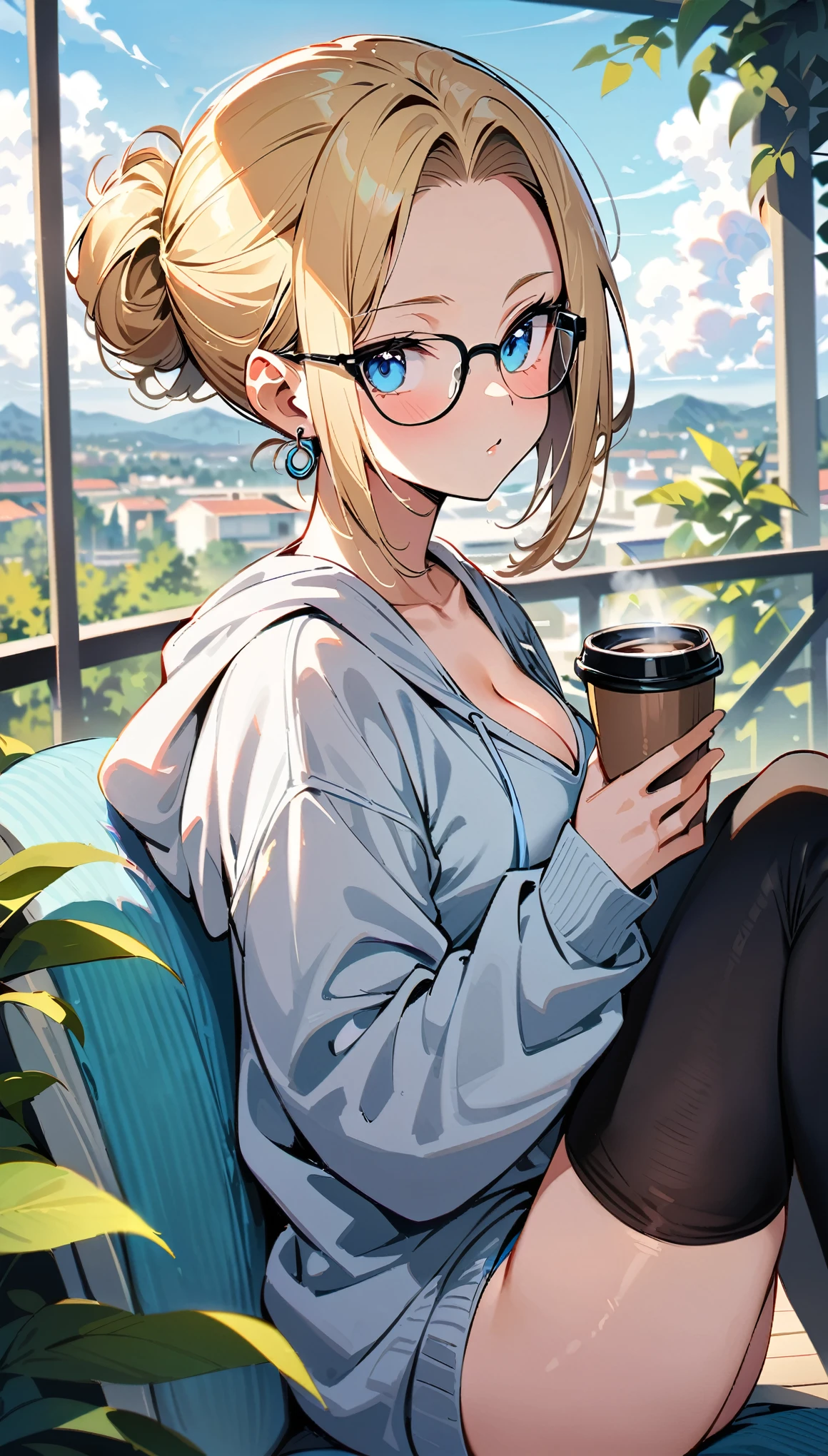 (masterpiece, best quality:1.2), solo, Android 18 from Dragon Ball, ((light gray hooded sweatshirt, Oversized hooded sweatshirt, long sleeve, black thin thigh highs, knees up, beautiful butt, thighs, stripe navy panties)), small breasts, blonde hair, (single hair bun), ((blue eyes)), (wearing glasses), earrings on earlobes, slender feminine figure, skinny body, (drinking a coffee), cleavage, off shoulder, light blush, chill, hot coffee, organized, simple, white-based interior, a few plants, cloudy sky, terrace, magnificent view, blur background, 4K, on the cute chair, (pale blue chair), 