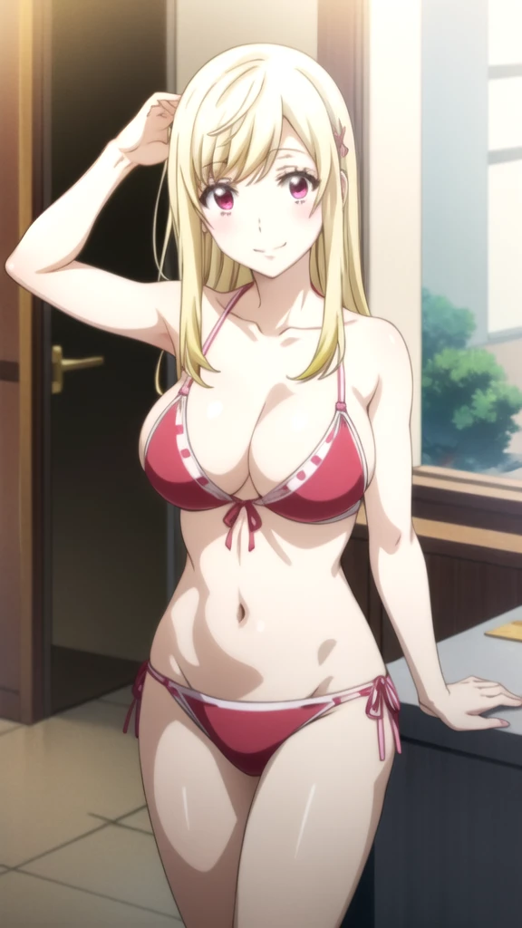 Anime girl in pink lingerie with red bow and pink underwear., oppai, seductive anime girl, oppai proportions, Realistic Bikini, Best Anime Girl, beautiful seductive anime , I will also make fanart., soft anime cg art, attractive anime girl, big breasts!, ecchi, Swimsuit, visual anime of a cute girl, nishimiya shouko, beautiful and seductive anime woman, yamada_yellow, 1chica , by rubio, alone, wide, hair ornament, , smile, bow, red eyes my dress darling anime, beautiful seductress anime 