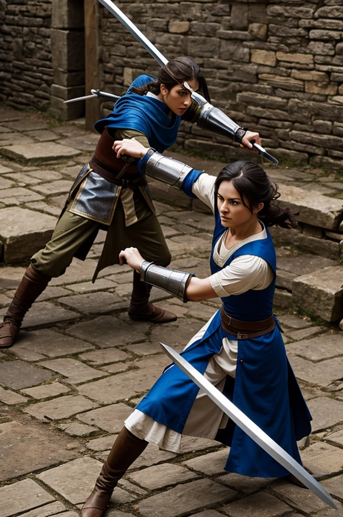 Medieval swordsman woman fights