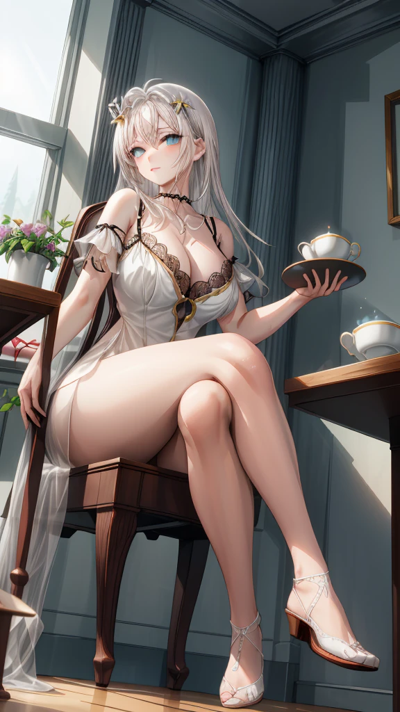 

(1girl), (masterpiece), (best quality), ((looking at the viewer)), ((full body)),((facing the viewer)), ((dress that shows off her figure)), ((White hair)), (((sitting on chair with legs crossed))), (((good anatomy)))

A stunningly beautiful young woman with hair as white as snow and deep blue eyes like sapphires gazes gracefully out of her window upon waking. Her figure is slender and elegant, adorned in a delicate, exquisite nightgown of white silk embellished with lace that accentuates her flawless skin under the soft morning light. She holds a teacup with grace, while the first rays of the sun illuminate her angelic face, reflecting an aura of serenity and tranquility.