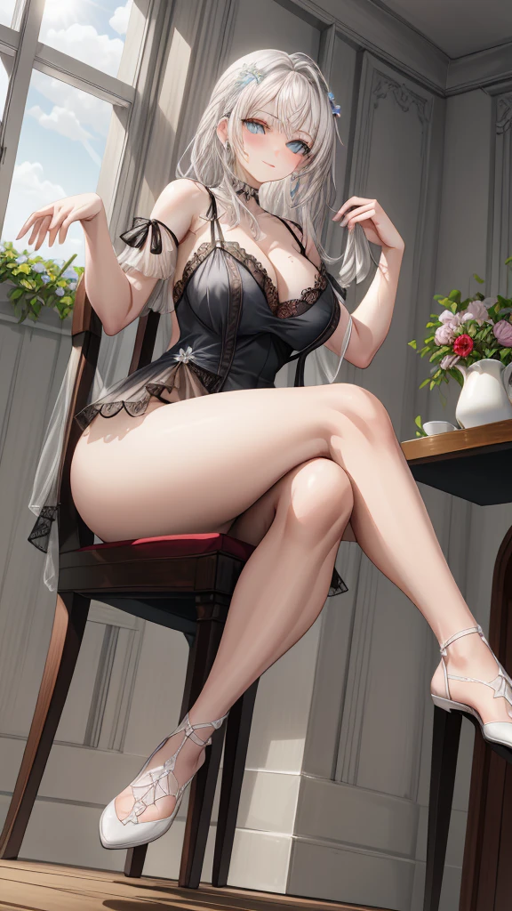 (1girl), (masterpiece), (best quality), ((looking at the viewer)), ((full body)),((facing the viewer)), ((dress that shows off her figure)), ((White hair)), (((sitting on chair with legs crossed))), (((good anatomy)))
A stunningly beautiful young woman with hair as white as snow and deep blue eyes like sapphires gazes gracefully out of her window upon waking. Her figure is slender and elegant, adorned in a delicate, exquisite nightgown of white silk embellished with lace that accentuates her flawless skin under the soft morning light. She holds a teacup with grace, while the first rays of the sun illuminate her angelic face, reflecting an aura of serenity and tranquility.