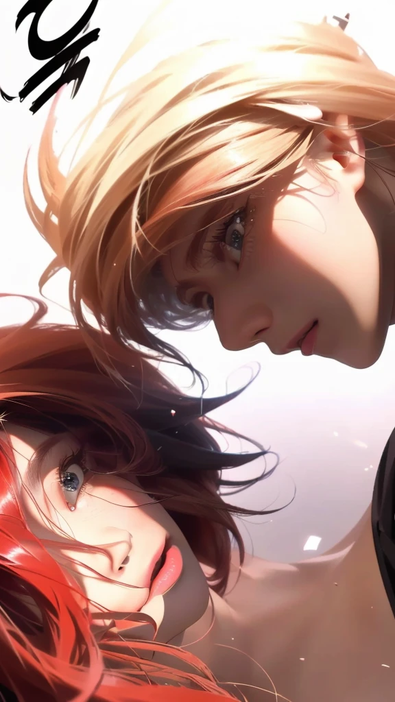 image of a couple of people with long hair and a red hair, facing each other, close-up!!!!!, middle close up shot, close-up!!!!!!, 8k!, up close picture, looking to his side, kawacy, really close - up shot, 8k!!, mysterious gaze, bottom angle, Ultra realistic, hyper realistic, detailed lighting, UHD, detailed face, edge lighting