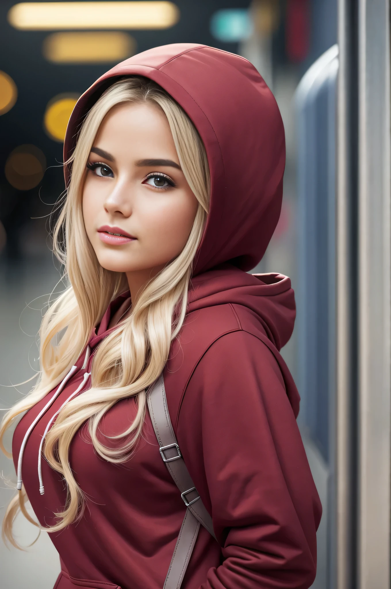 close face shot, absurdres, RAW photo, highest quality, (masterpiece: 1.3), high detail RAW color photo, professional photo, extremely detailed CG 8k wallpaper unit, photo-realistic, realistic, RAW photo, masterpiece, best quality, highres,
1girl, 19 YEARS OLD, white, blonde hair, wavy, Average length, random hairstyle, athletic body, perfect gorgeous face, beautiful light brown realistic eyes, fair skin, detailed skin texture, very small natural breasts. Serious. She looks amazing. (red hooded sweatshirt and red yoga pants, simple design, hood up). In the subway of São Paulo.