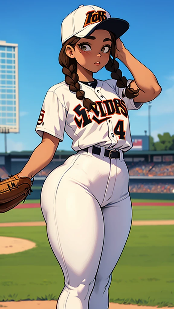 Baseball player,White uniform, baseball cap, brown braids hair, curvy, thin waist
