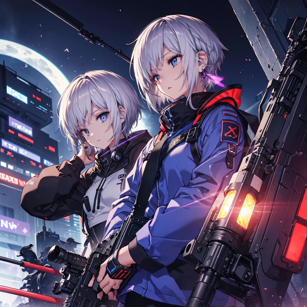 ((Gray Hair　Short Hair　blue eyes　sniper rifle)，((Crow　night　Red full moon))，(rooftop　Drop shoulder　Sailor suit　cyber punk　Shiny Earrings　Purple light)，　Sweat　A tense look　Also々funny Face　Headphones