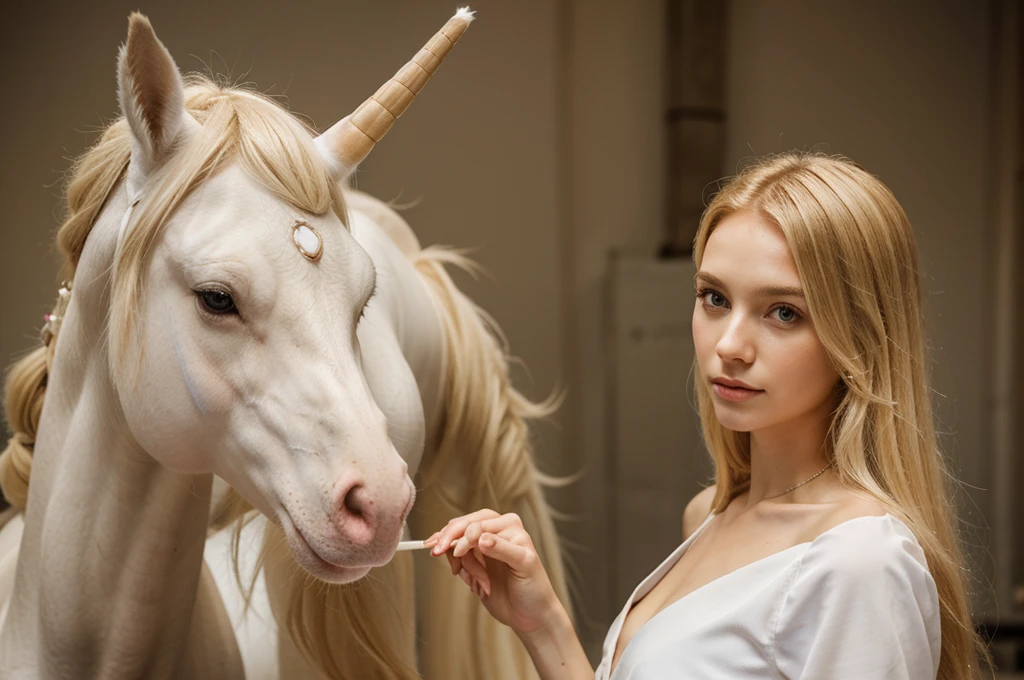 beautiful slender girl stands next to a unicorn, Beautiful gentle face, blonde hair, White dress, high quality, Professional photography