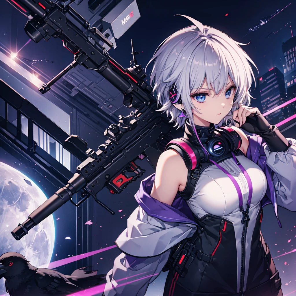 ((Gray Hair　Short Hair　blue eyes　sniper rifle)，((Crow　night　Red full moon))，(rooftop　Drop shoulder　Sailor suit　cyber punk　Shiny Earrings　Purple light)，　Sweat　A tense look　Also々funny Face　Headphones