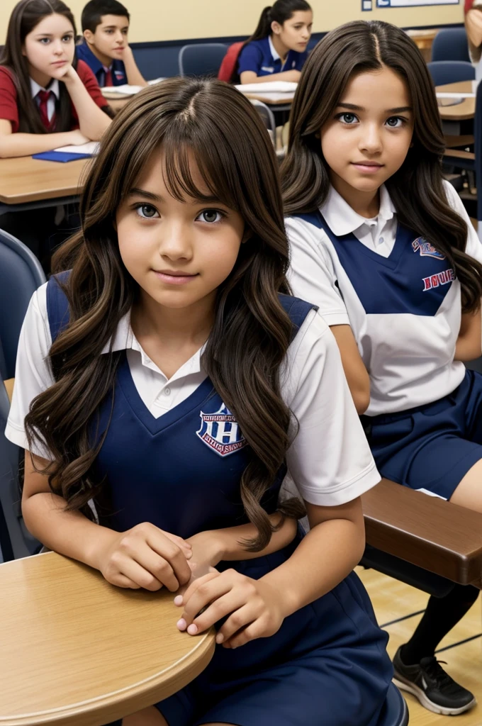 my hero academia.
Girl with long brown wavy hair.
He has brown eyes and a serious expression..
She is wearing the UA uniform and in the background she has a UA school class and she is sitting at a table