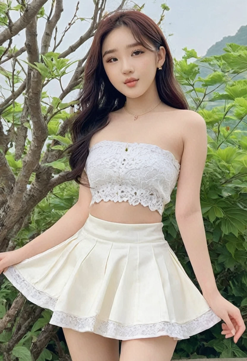 ((Best resolution)), ((high quality:1.2)), Work of art, 8k, extremely detailed, ((High detail:1.2)), (Hotlexi woman), Solo, ((18 years old perfect Korean pretty Ulzzang female:1.2)), ((micro-skirt, cropped strapless)),