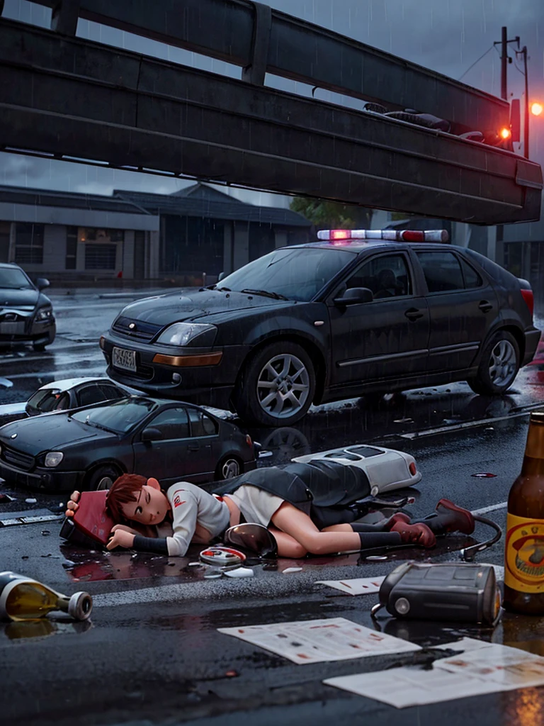 In cartoon create an image shows a dark and rainy road with a car destroyed after an accident. An injured and unconscious ager is lying on the ground next to the car, with a bottle of beer spilled next to him. Ambulances and police cars are in the background, with rescuers rushing to help. The scene highlights the fatal consequences of drinking and driving.