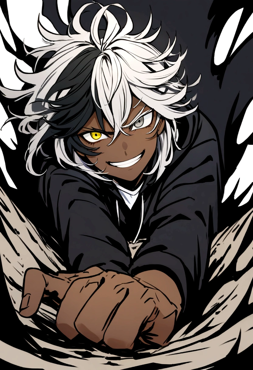 white shirt, wearing a black hoodie , yellow and black eyes heterochromia , psychotic expression with a slight smile , Messy hair , Medium length hair , masculine , multicolored black and white hair , two tone hair , dark skin color, in a crater covered in black flames, while in attack position