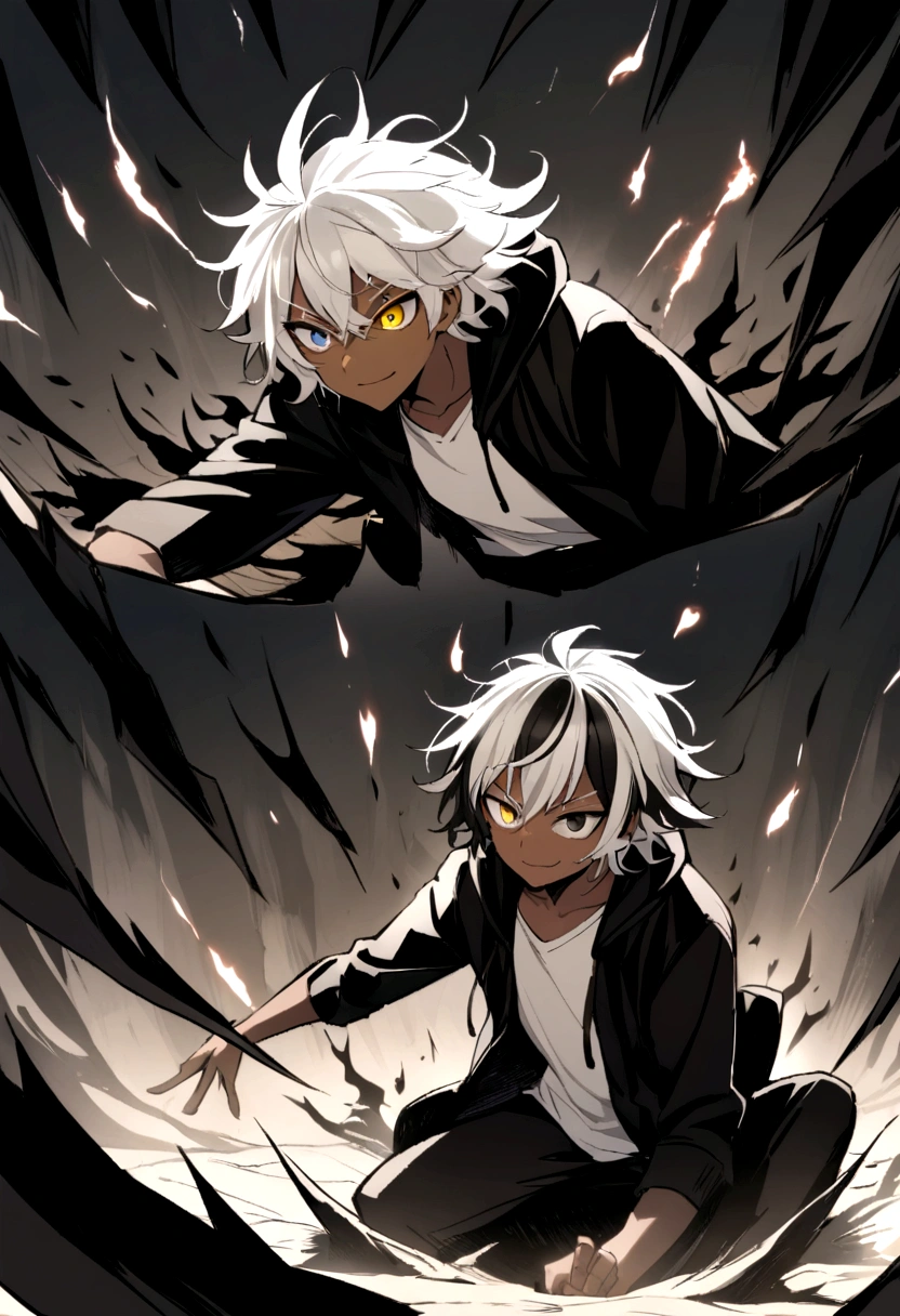 white shirt, wearing a black hoodie , yellow and black eyes heterochromia , psychotic expression with a slight smile , Messy hair , Medium length hair , masculine , multicolored black and white hair , two tone hair , dark skin color, in a crater covered in black flames, while in attack position