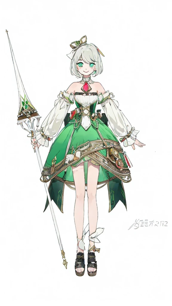 Highest quality, 1 girl, best quality, short white hair, light green eyes, neck collar, shoulders showing, low cut dress, smiling, curtsey, full body