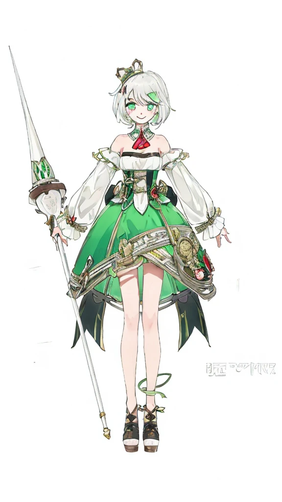 Highest quality, 1 girl, best quality, short white hair, light green eyes, neck collar, shoulders showing, low cut dress, smiling, curtsey, full body