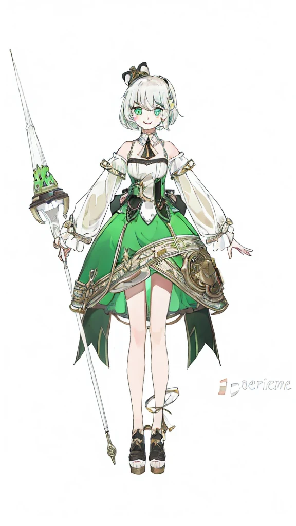 Highest quality, 1 girl, best quality, short white hair, light green eyes, neck collar, shoulders showing, low cut dress, smiling, curtsey, full body