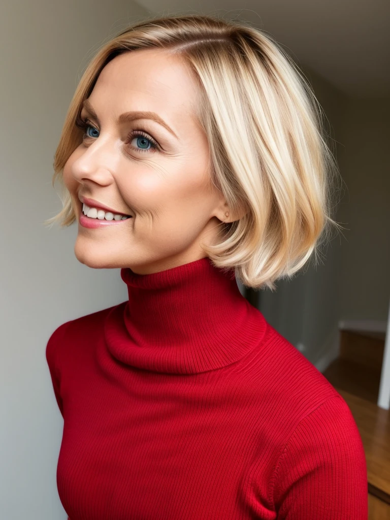 photo of a playful cute slutty horny blonde mature submissive wife with big bulging beautiful eyes, very short hair, She wears: (turtleneck high ribbed bright tight red sweater:1.1), submissive seductive pose, high tight ribbed neck, seductive smile, perfect fake tits, turtleneck top, side view 