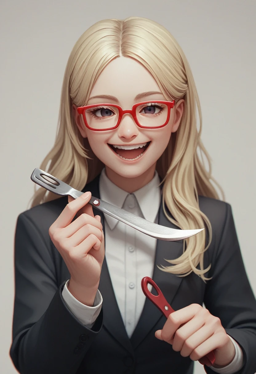 (a happy long hair blonde woman), (only the bust), (Black Suit), (Red glasses), (open fathom holding fork), (holding a knife), (3d style image).