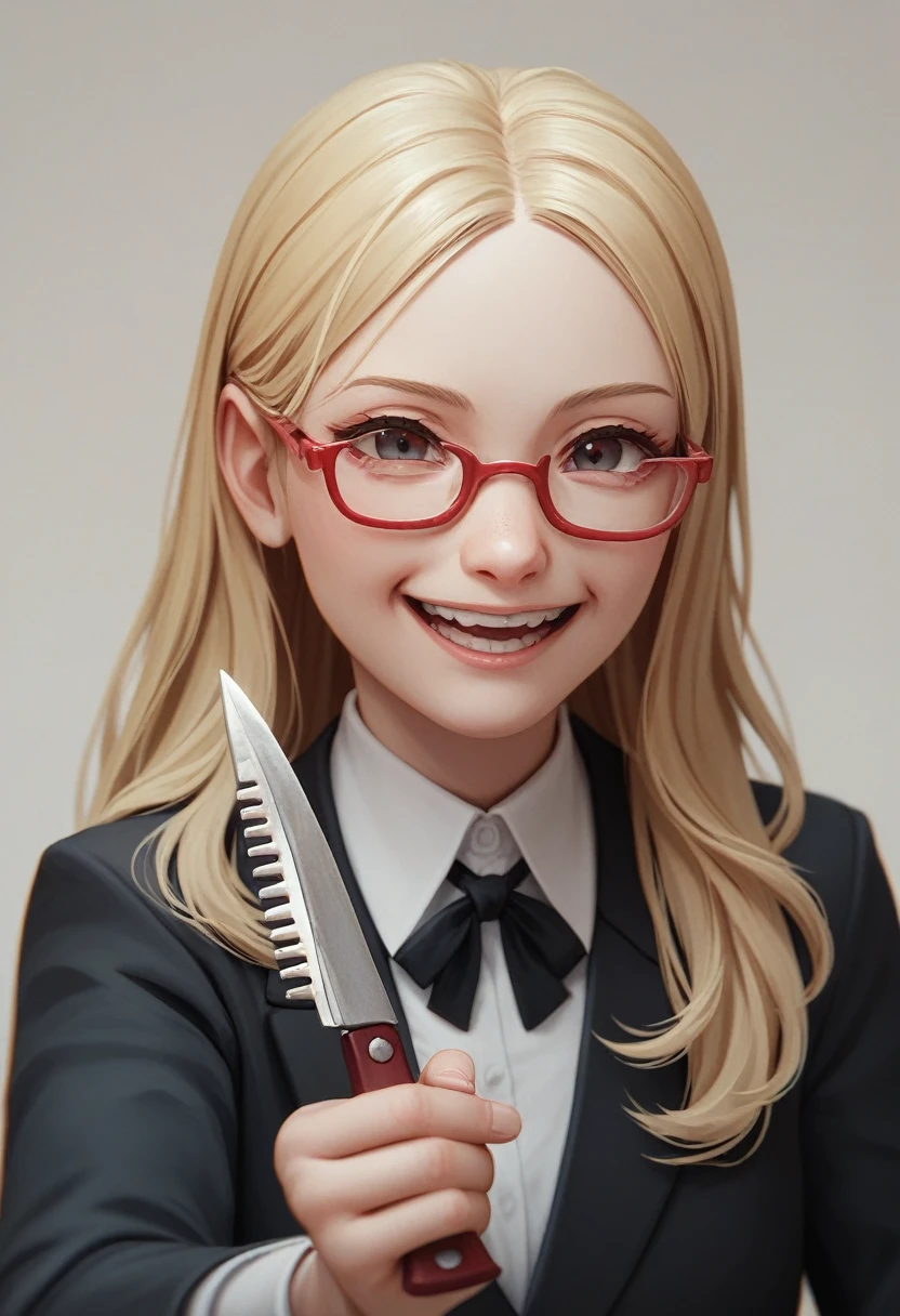 (a happy long hair blonde woman), (only the bust), (Black Suit), (Red glasses), (open fathom holding fork), (holding a knife), (3d style image).