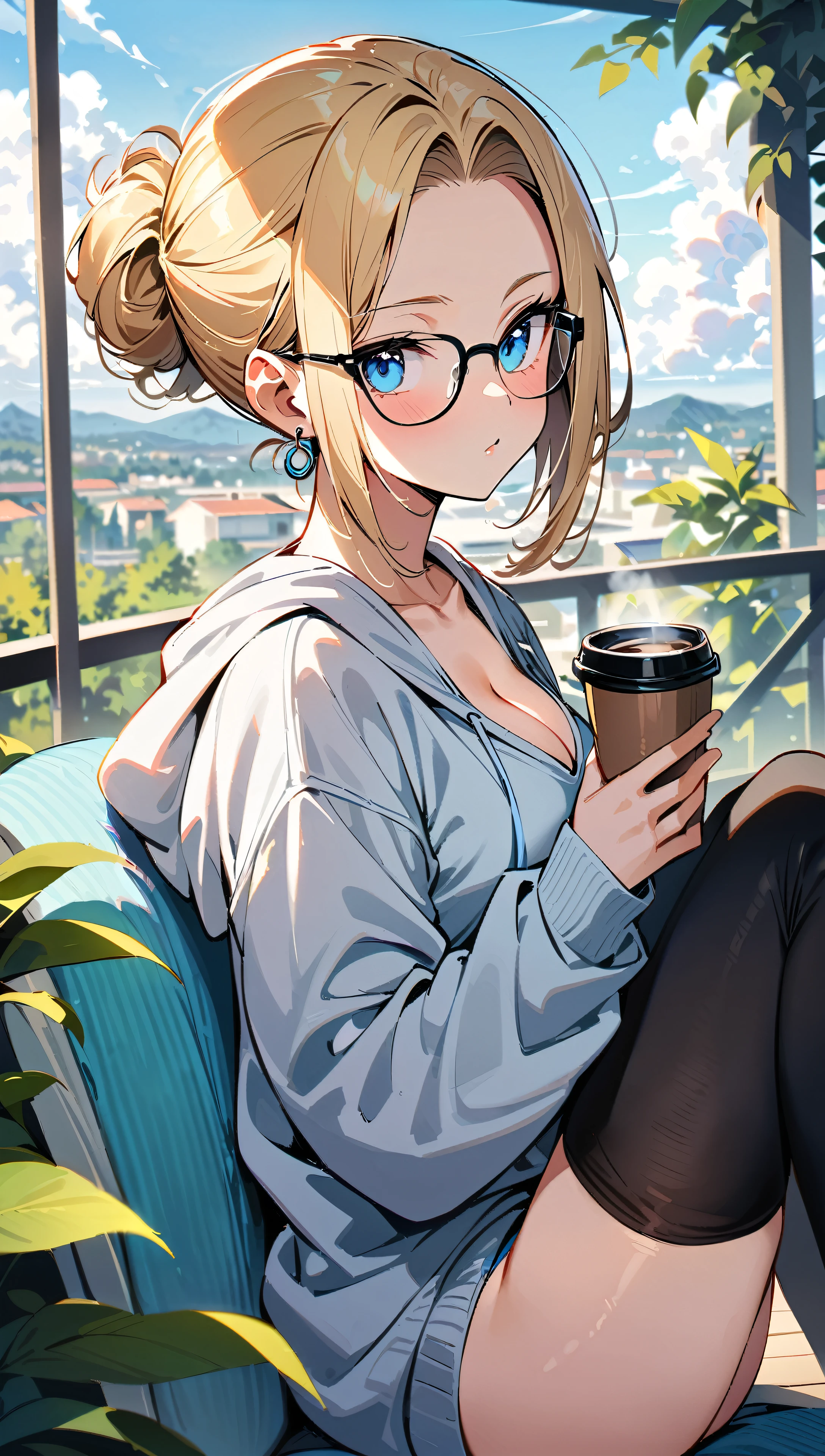 (masterpiece, best quality:1.2), solo, Android 18 from Dragon Ball, ((light gray hooded sweatshirt, Oversized hooded sweatshirt, long sleeve, black thin thigh highs, knees up, beautiful butt, thighs, stripe navy panties)), small breasts, blonde hair, (single hair bun), ((blue eyes)), (wearing glasses), earrings on earlobes, slender feminine figure, skinny body, (drinking a coffee), cleavage, off shoulder, light blush, chill, hot coffee, organized, simple, white-based interior, a few plants, cloudy sky, terrace, magnificent view, blur background, 4K, on the cute chair, (pale blue chair),