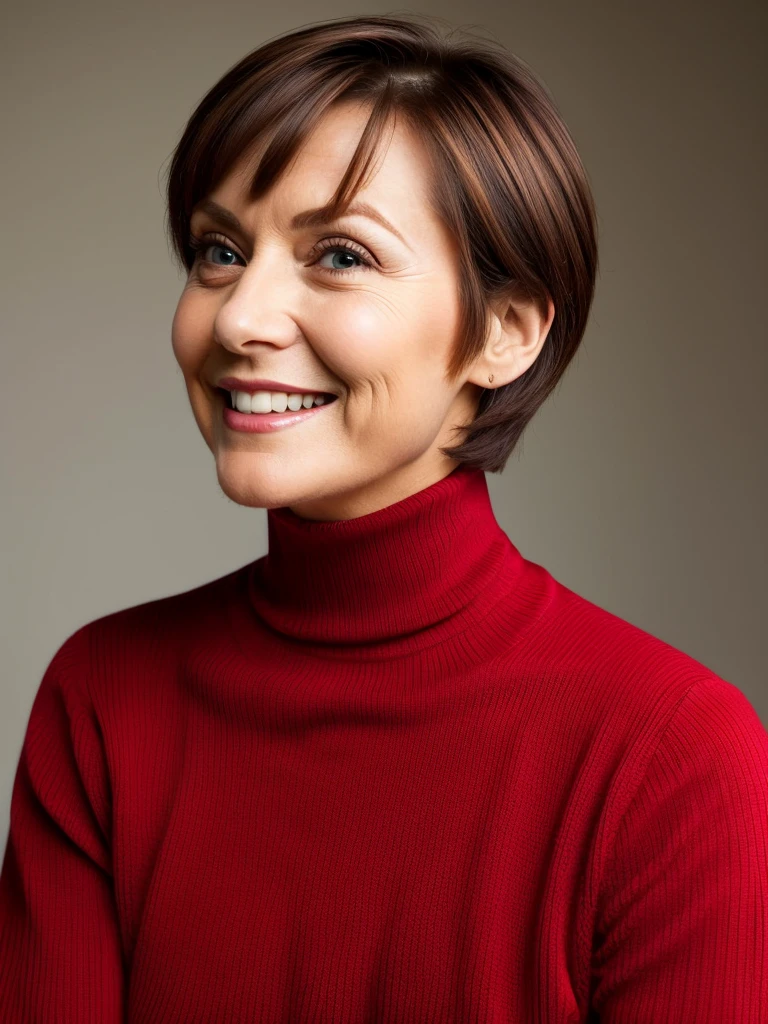 photo of a playful cute slutty horny wrinkly mature submissive wife with big bulging beautiful eyes, very short hair, She wears: (turtleneck high ribbed bright tight red sweater:1.1), submissive seductive pose, high tight ribbed neck, seductive smile, perfect fake tits, turtleneck top, side view 