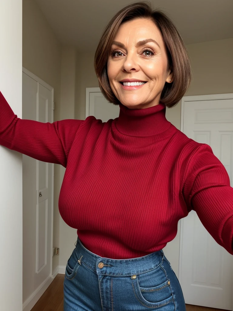 photo of a playful cute slutty horny wrinkly mature submissive wife with big bulging beautiful eyes, very short hair, She wears: (turtleneck high ribbed bright tight red sweater:1.1), submissive seductive pose, high tight ribbed neck, seductive smile, perfect fake tits, turtleneck top, side view