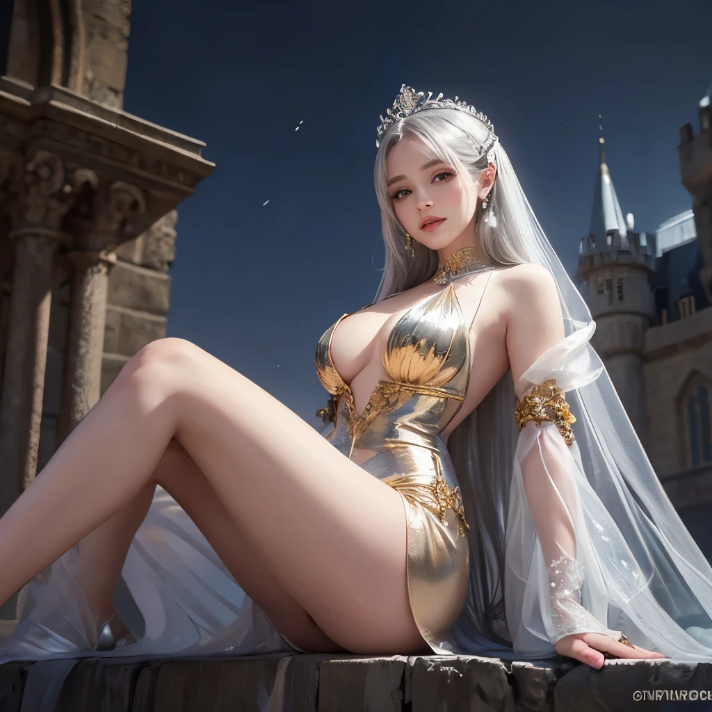 Girl, transparent, see through, silver and gold dress, topless, silver hair, tiara, glove, chokes, silver long sleeves, silver veils, ear wear, detailed hand, oval face, smile, picture form top to knee, sexy pose, extra large breasts, look at camera, camera from top, detailed, night, castle background, photorealistic, best quality