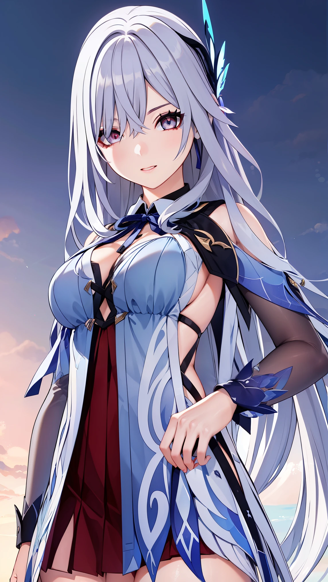 SkirkGI, red eyes, long hair, white hair, blue hair, hair ornament,
BREAK ((shirt, long sleeves, dress, ribbon, white shirt, collared shirt, belt, neck ribbon, red dress, blue ribbon, pleated dress, grey dress:1.5))
BREAK view from below, morning city, street,
BREAK (masterpiece:1.2), best quality, high resolution, unity 8k wallpaper, (illustration:0.8), (beautiful detailed eyes:1.6), extremely detailed face, perfect lighting, extremely detailed CG, (perfect hands, perfect anatomy),