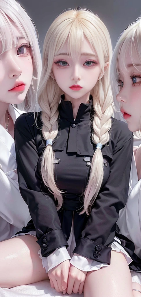 (masutepiece: 1.3), (max resolution: 1.2), (Ultra HDTV: 1.2), cinematric light, 8K resolution, Detailed eyes and skin, detailed facial features, , (Sharp Focus: 1.2), (Focus on Face:1.2),Perfect Style, Beautiful face, acurate, Anatomically correct, Highly detailed face and skin texture, Detailed eyes, Double eyelids, Thin eyebrows, Glitter Eyeliner: 1 Natural cheeks, Glossy skin, Fair skin: 1.2, (Glossy lips: 1.4),、 (Shy look: 1.2),Highly detailed facial and skin texture, Detailed eyes, Double eyelids, Natural cheeks, , shiny lips: 1.4,Exposed cleavage、Sperm taken、Overflowing sperm、Flowing sperm、 red blush、humiliated、impatience、dismay、Frightened、glares、Sexually arousal、Provocation、embarrassed from、Open knees、open one's legs、 White underwear、White bra、Shiny little earrings and necklaces、Disheveled clothes、Dressing、Exposed panties、Wearing sweat、sodden、Sheer underwear、Stockings、 23 instars, Neat and clean woman,1 persons、 upturned breasts, Back alley、sit in、In daylight、sexy pose、a blond、A dark-haired、Blue ash eyes、Green ash eye,(Monastic uniforms:1.3)、Glaring expression、full of sweat、