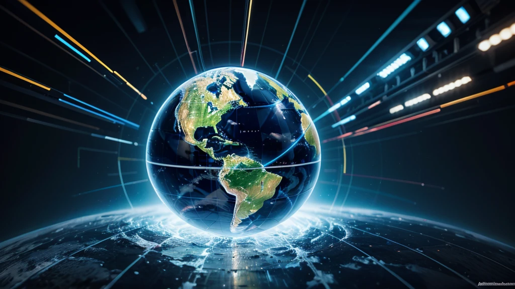 digital world globe, global network, connectivity, data transfer, cyber technology and telecommunications, lines connecting different parts of the speed, visual effects and filters based on artificial intelligence 3D