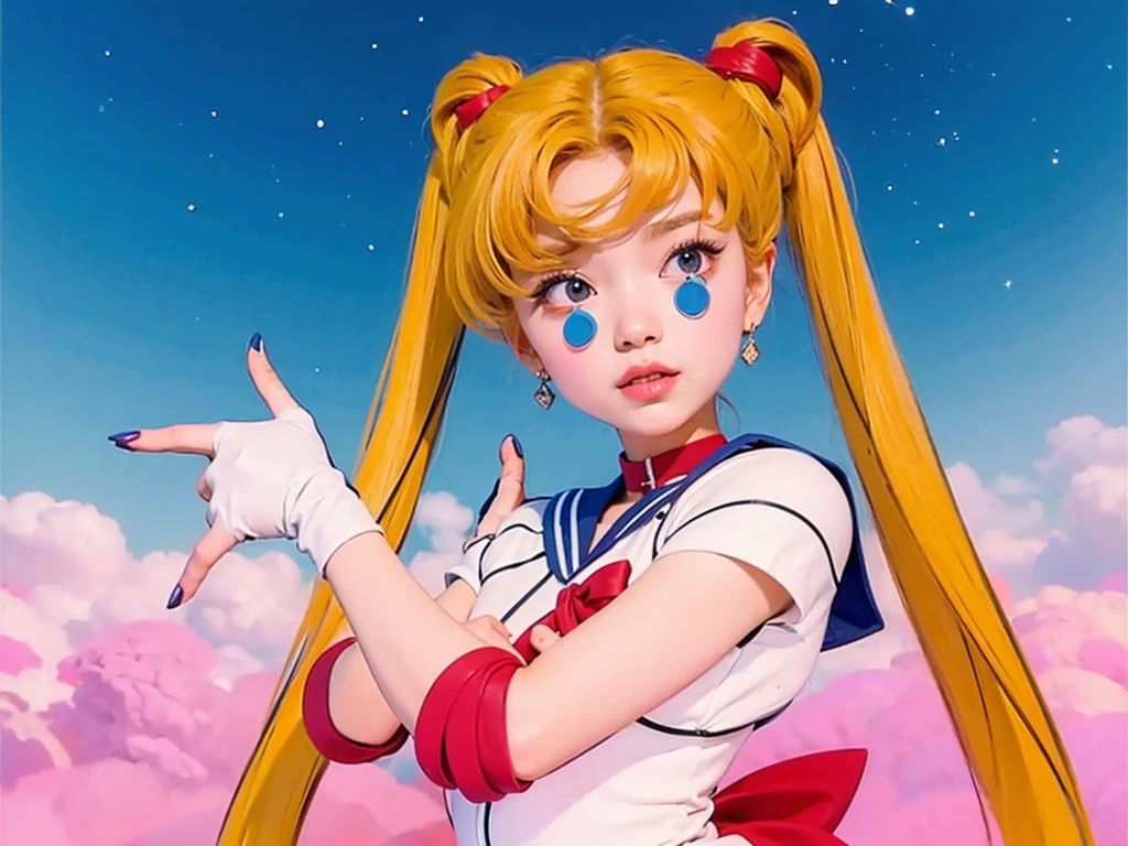 blonde young woman with long pigtails, wearing white suit with blue collar and red details, white gloves, blue and pink space background