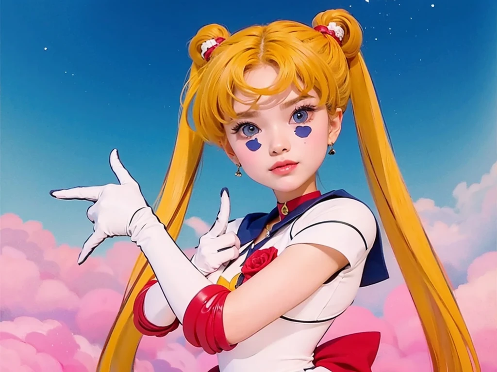 blonde young woman with long pigtails, wearing white suit with blue collar and red details, white gloves, blue and pink space background