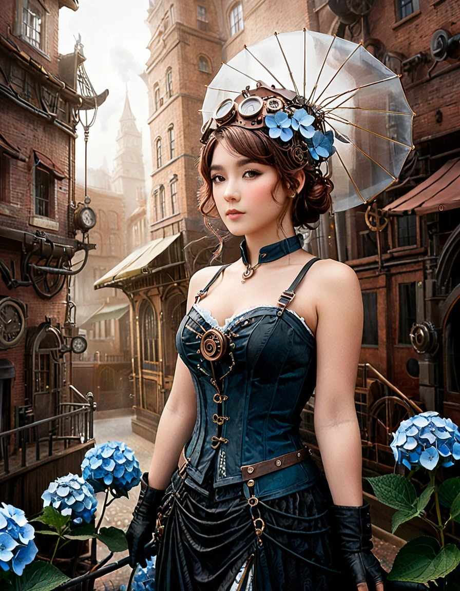 dynamic angle, (close up face), (hydrangea garden:1.2), a lot of flowers, Steampunk Hydrangea Girl paints a beautiful world where machinery and nature harmonize. The girl is dressed in a steampunk-style dress made of copper and iron, and on her head is a meticulously crafted gear headpiece. Around her, colorful hydrangeas bloom wildly, each one mechanically moving and occasionally spouting steam. In her hand is a copper umbrella, from which a cold mist sprays out, moisturizing the hydrangeas. This series of actions, precisely linked like clockwork, creates a beautiful hydrangea garden. It’s a scene that embodies the world of steampunk, where nature and machinery intertwine exquisitely.